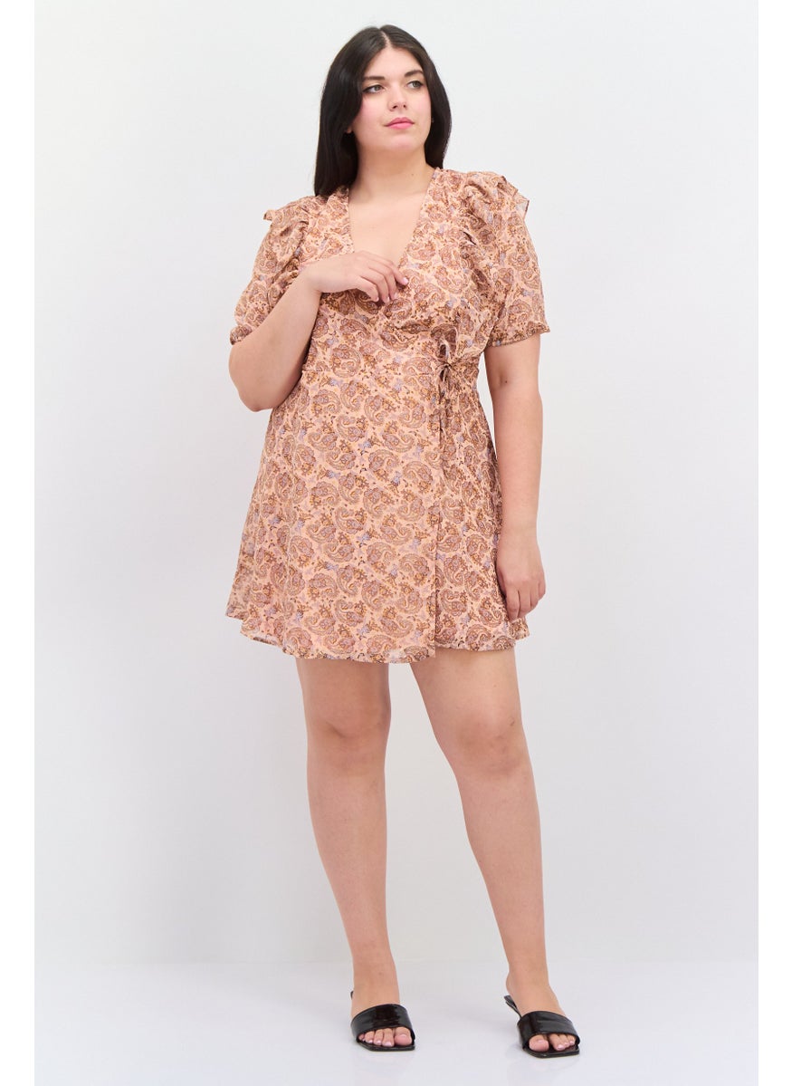 Violet Romance - Women Allover Print Mini Wrap Dress, Peach Combo - Image 1