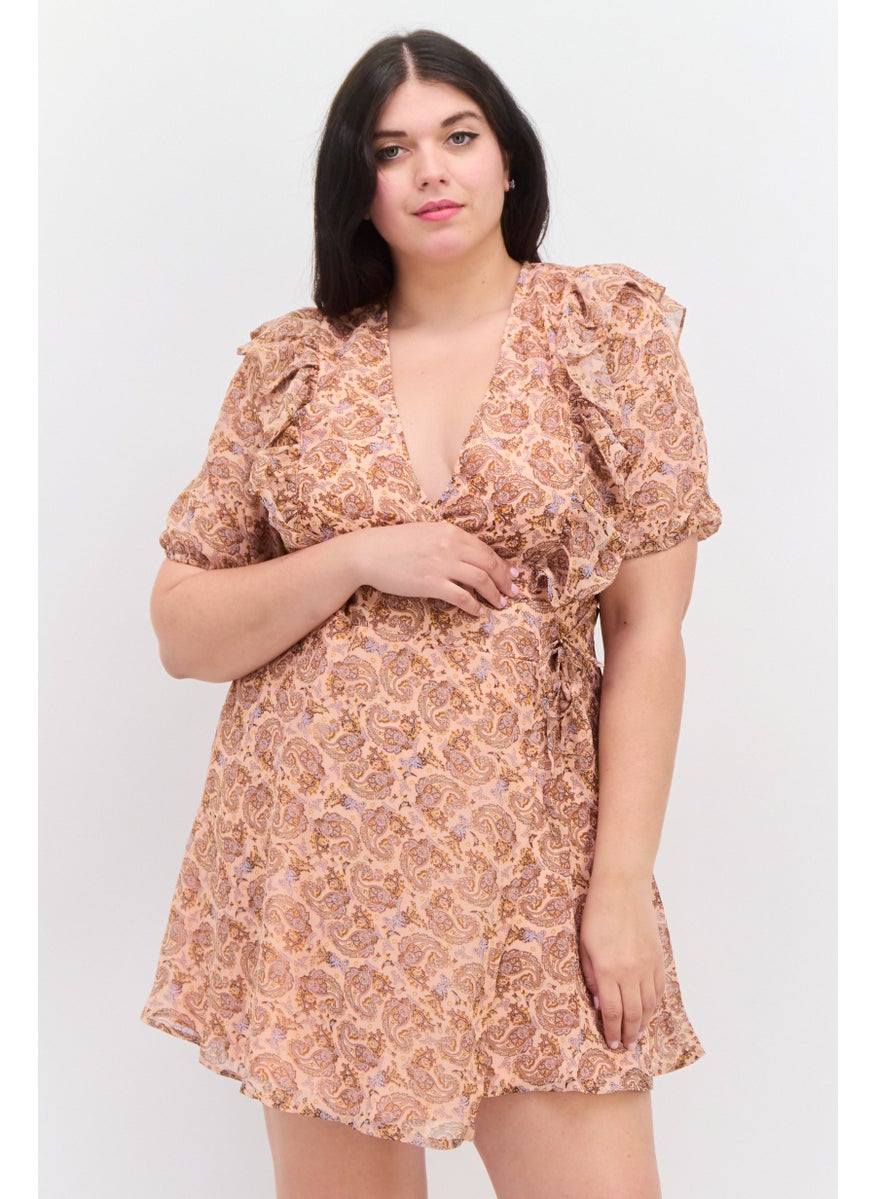 Violet Romance - Women Allover Print Mini Wrap Dress, Peach Combo - Image 1