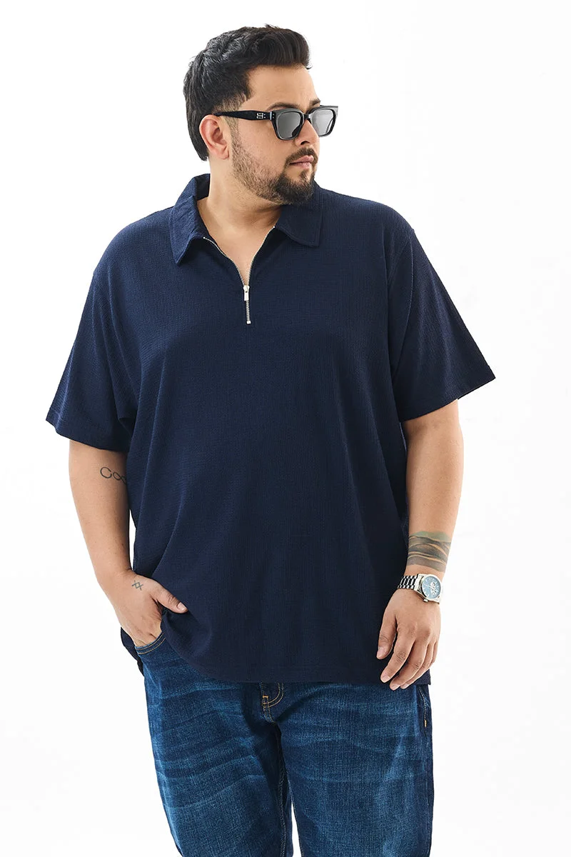 SNITCH Regular Fit Textured Navy Plus Size Polo T-Shirt
