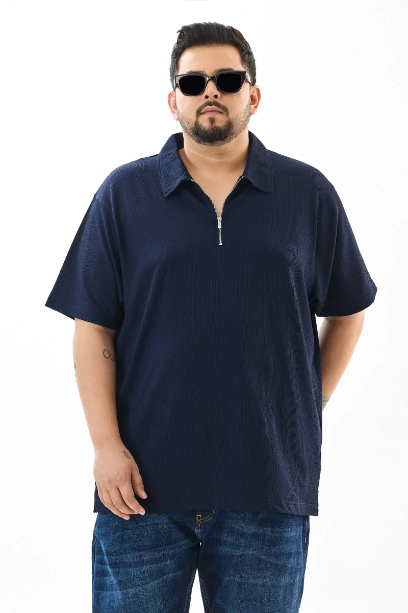 SNITCH Regular Fit Textured Navy Plus Size Polo T-Shirt