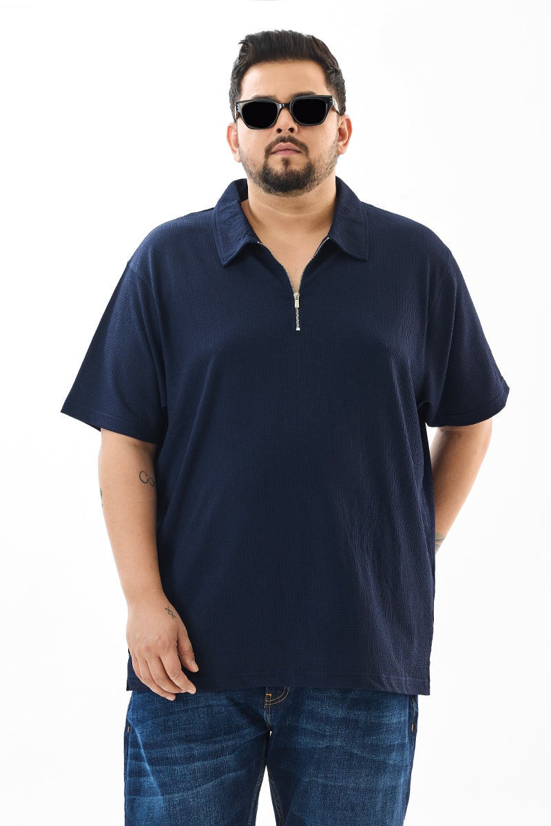 SNITCH Regular Fit Textured Navy Plus Size Polo T-Shirt - Image 2
