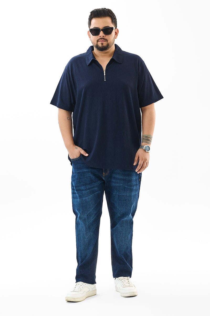 SNITCH Regular Fit Textured Navy Plus Size Polo T-Shirt - Image 3