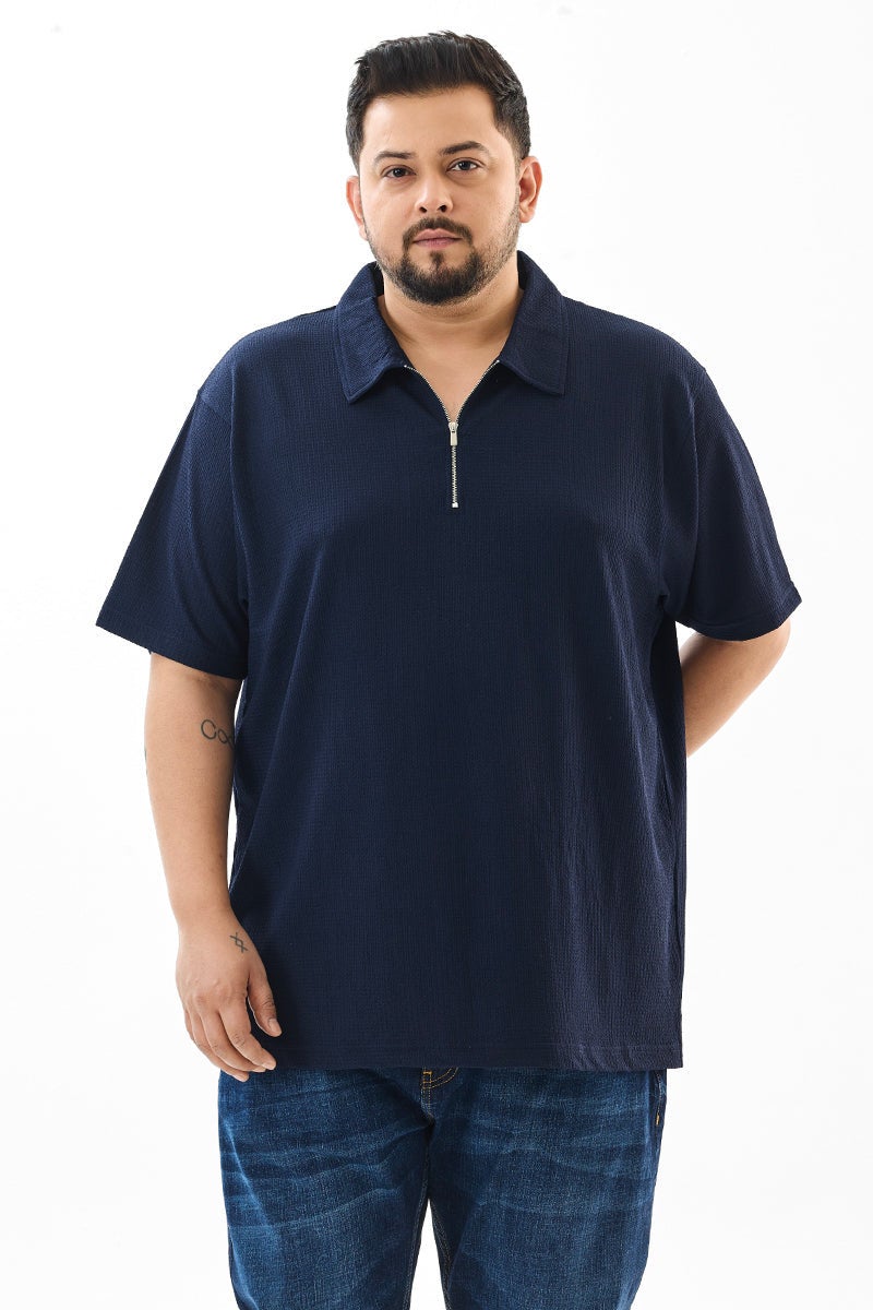 SNITCH Regular Fit Textured Navy Plus Size Polo T-Shirt - Image 4