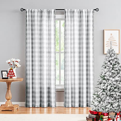Treatmentex White Grey Buffalo Check Curtains 84inch Long Farmhouse Gingham Linen Semi Sheer Rustic Drapes Window Treatment Sets for Living Room Bedroom 2 Panels Rod Pocket - Image 2