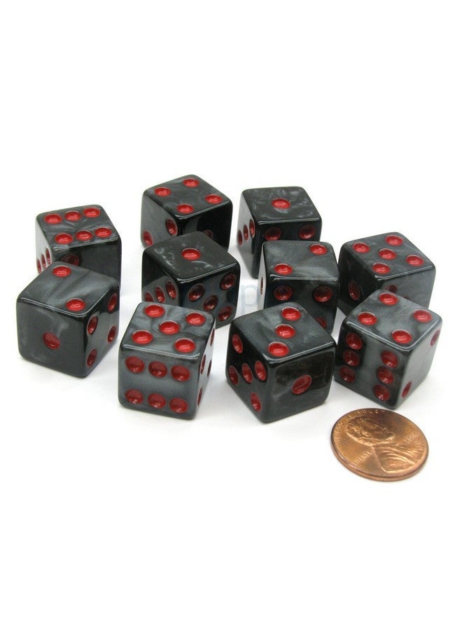 Koplow Games Set of 10 D6 16mm Marbleized Square Corner Dice - Charcoal with Red Pips