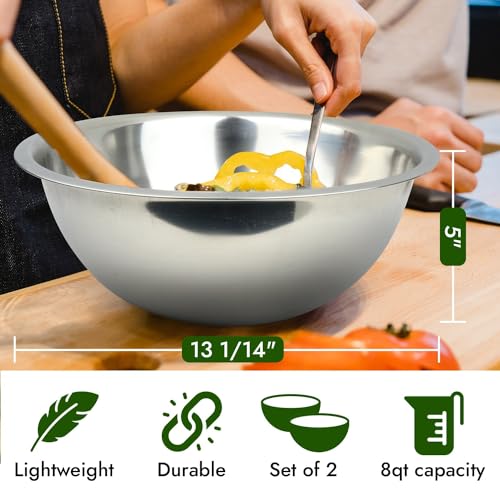 Great Credentials 8 Quart, Set of 2, Mixing Bowls, Stainless Steel, Professional Chef, Commercial Kitchen, 13.25 Inches Diameter, Flat Base - Image 2