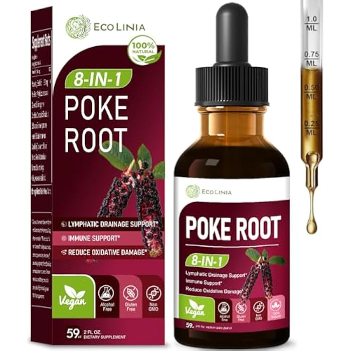 Poke Root Lymphatic Drainage Drops. 8-in-1 Herbal Complex Lymphatic Cleanse Supplements w/Cleavers, Echinacea & Horsetail Herb Extract Blend. Supports Lymph System & Immunity. Non-GMO. 2 oz - Image 1