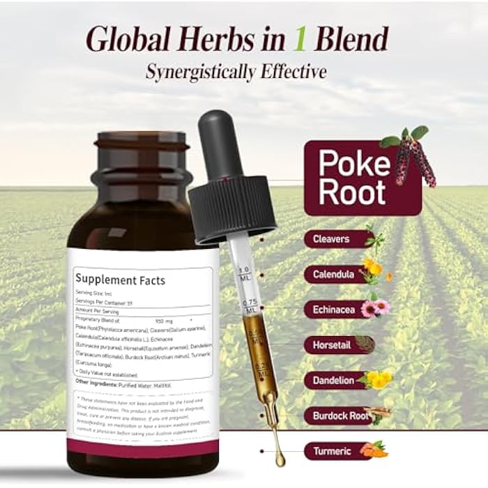 Poke Root Lymphatic Drainage Drops. 8-in-1 Herbal Complex Lymphatic Cleanse Supplements w/Cleavers, Echinacea & Horsetail Herb Extract Blend. Supports Lymph System & Immunity. Non-GMO. 2 oz - Image 4
