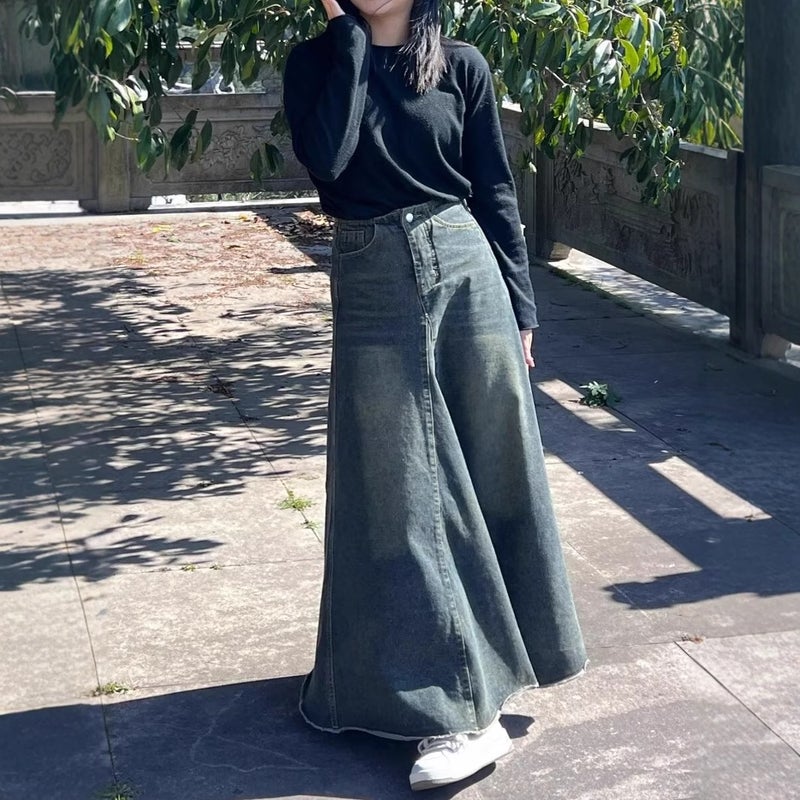 Vintage New Arrival Small Denim Skirt Womens 2025 American Style High Waist Loose Slimming Mid-length A- line Dress Trendy Wj-566 cement gray