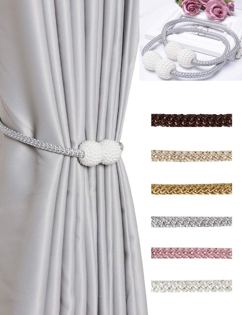 HoHnH Grey 4 Magnetic Curtain Tiebacks- Clips Decorative Rope Holdbacks, Drapery Tie Backs Weave Holder for Window Draperies Hold Curtains Drape Ties Backs 16 inch Holdback (4, Grey) - Image 1