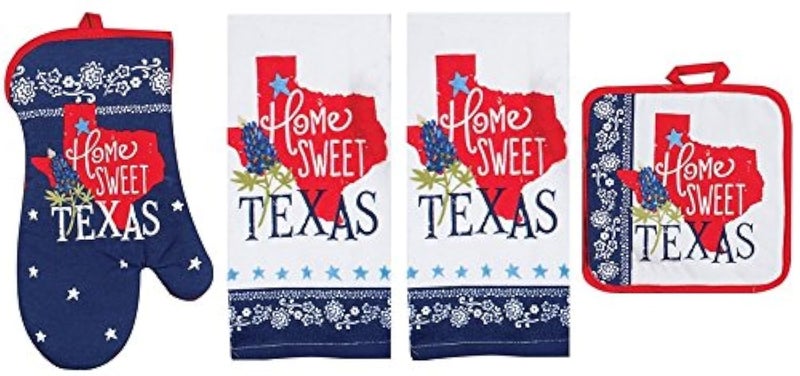 Kay Dee Kay Dee Home Sweet Texas Premium 4Piece Kitchen Linen Set Two Decorative Tea Towels Oven Mitt  Pot Holder Red White  Blue Lone Star and Bluebonnet Pattern 100 Cotton Great Gift 