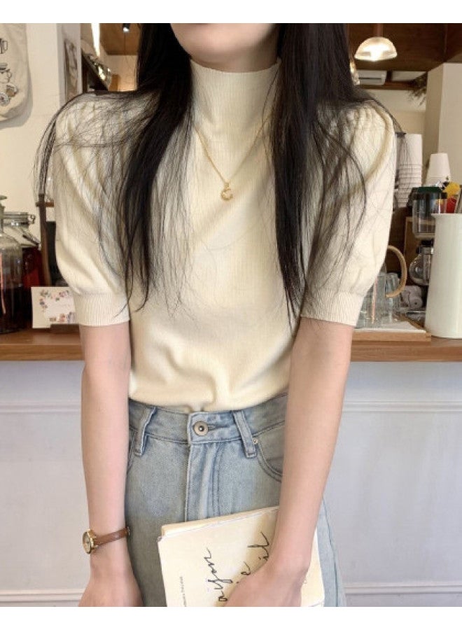 Modal Simple And Elegant Short-Sleeved Knitted Sweater For Daily Wear, Semi-High Neck Fashionable Inner Top For Women - Image 1