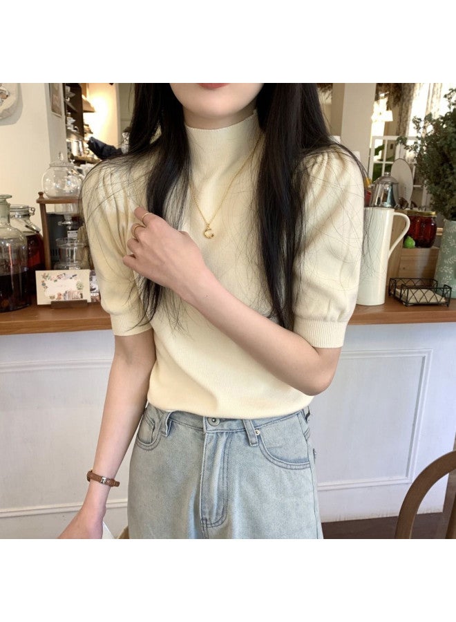 Modal Simple And Elegant Short-Sleeved Knitted Sweater For Daily Wear, Semi-High Neck Fashionable Inner Top For Women - Image 3