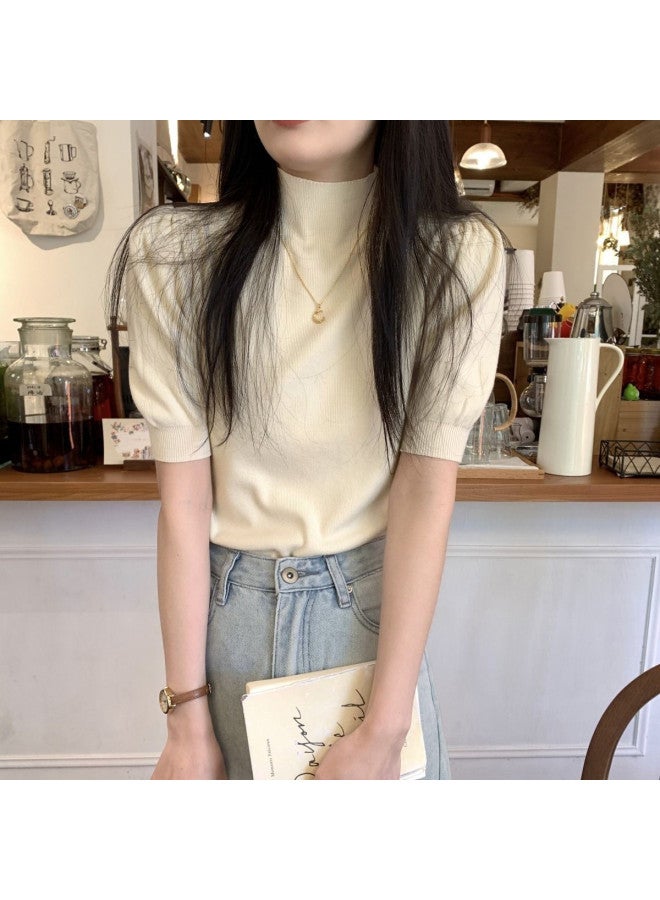 Modal Simple And Elegant Short-Sleeved Knitted Sweater For Daily Wear, Semi-High Neck Fashionable Inner Top For Women - Image 2