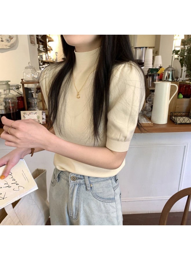 Modal Simple And Elegant Short-Sleeved Knitted Sweater For Daily Wear, Semi-High Neck Fashionable Inner Top For Women - Image 4