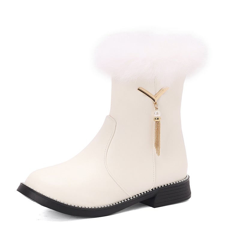New Low-Heeled Rough Edge 28-43 Large Children'S Metal Tassel Low-Barrel Women'S Boots - Image 1