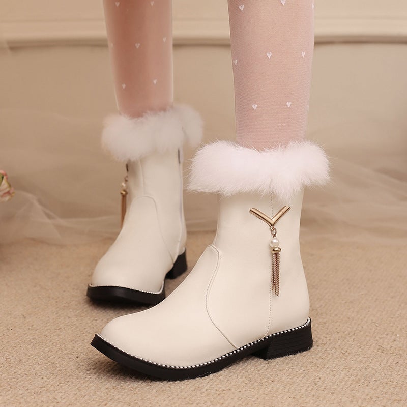 New Low-Heeled Rough Edge 28-43 Large Children'S Metal Tassel Low-Barrel Women'S Boots - Image 3