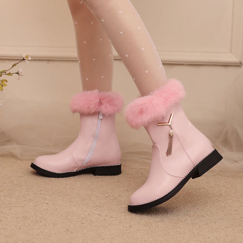 New Low-Heeled Rough Edge 28-43 Large Children'S Metal Tassel Low-Barrel Women'S Boots - Image 4