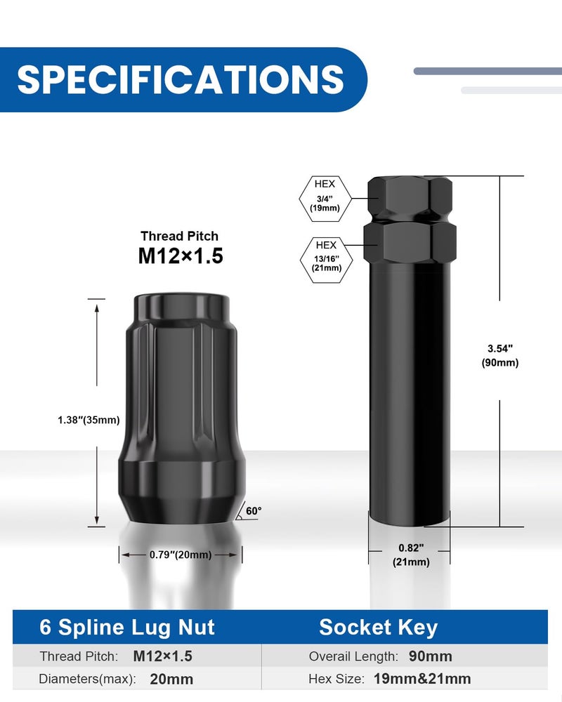 GAsupply 20pcs Black 12x1.5 Lug Nuts, GAsupply Closed End Acorn Spline Tuner Lug Nuts 1.38" 35mm Tall Conical/Cone Seat for Aftermarket Wheels, Pack of 20+1 Socket Key - Image 2