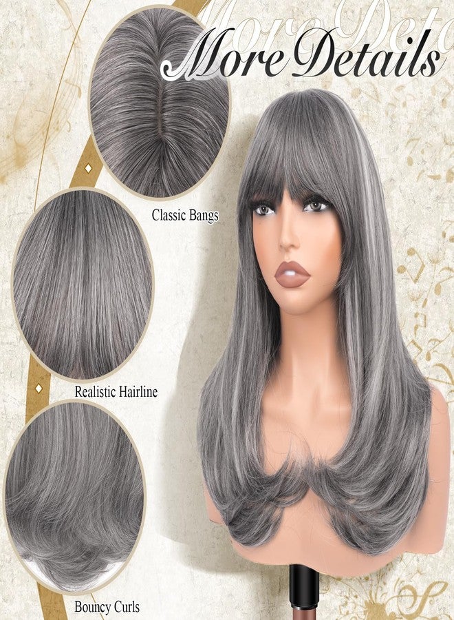 FESHFEN Long Wigs with Bangs, Synthetic Natural Looking Layered Straight Hair Wig for Women Daily Party Costume, 18 inch Mix Grey - Image 3
