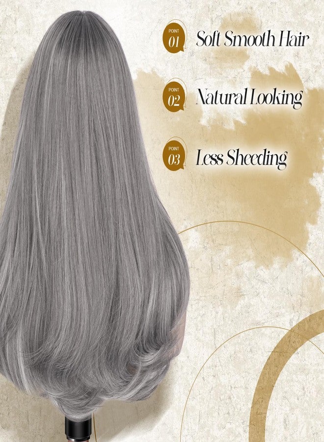 FESHFEN Long Wigs with Bangs, Synthetic Natural Looking Layered Straight Hair Wig for Women Daily Party Costume, 18 inch Mix Grey - Image 4