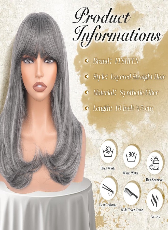 FESHFEN Long Wigs with Bangs, Synthetic Natural Looking Layered Straight Hair Wig for Women Daily Party Costume, 18 inch Mix Grey - Image 5