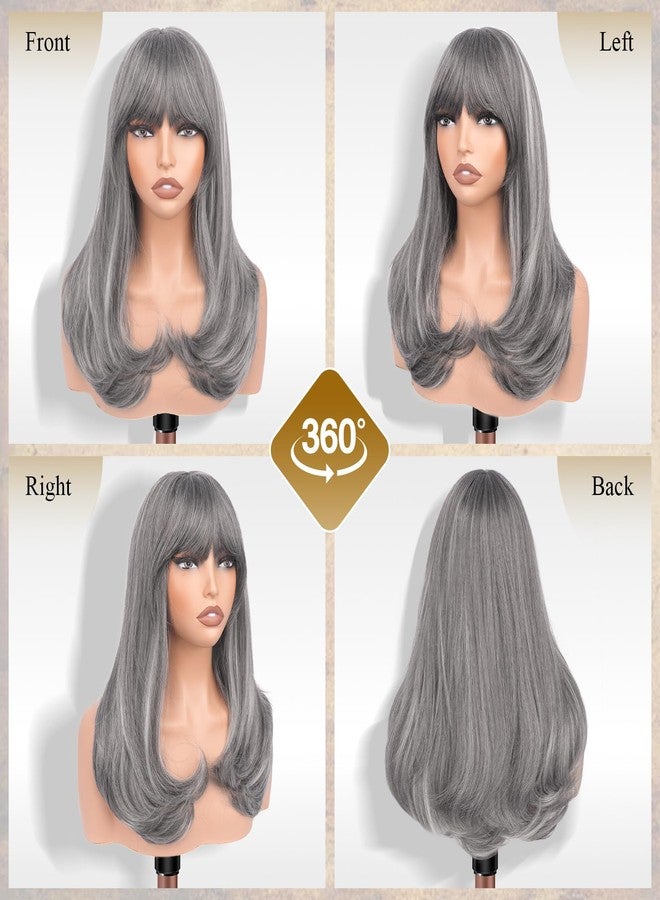 FESHFEN Long Wigs with Bangs, Synthetic Natural Looking Layered Straight Hair Wig for Women Daily Party Costume, 18 inch Mix Grey - Image 2