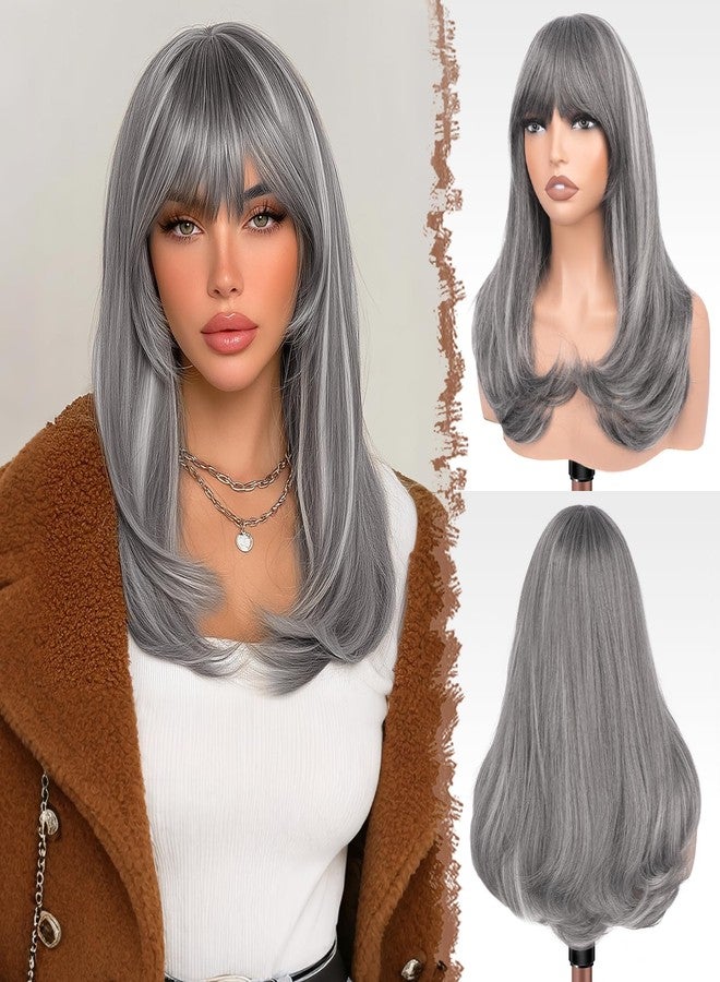 FESHFEN Long Wigs with Bangs, Synthetic Natural Looking Layered Straight Hair Wig for Women Daily Party Costume, 18 inch Mix Grey - Image 1