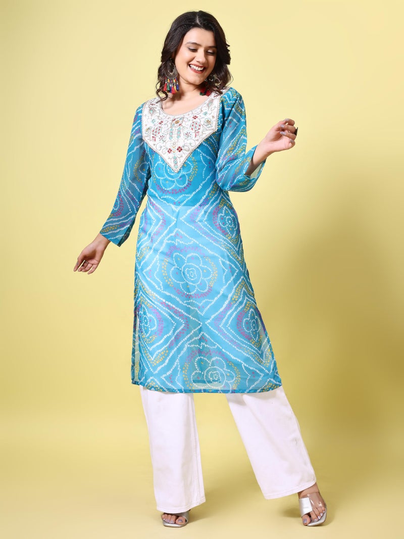 EthnicJunction Women's Geogette Embroidered Bandhani Print Straight Kurta Blue - Image 4