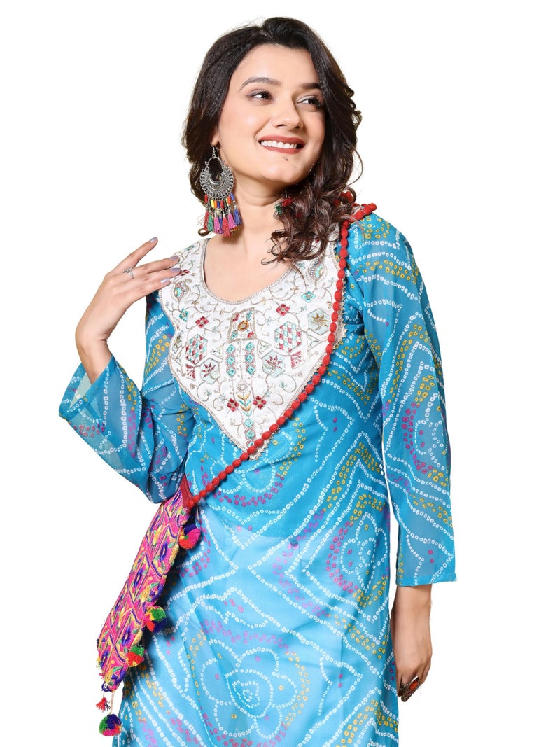 EthnicJunction Women's Geogette Embroidered Bandhani Print Straight Kurta Blue - Image 1