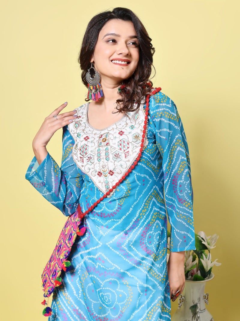 EthnicJunction Women's Geogette Embroidered Bandhani Print Straight Kurta Blue - Image 2