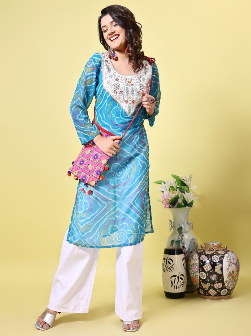 EthnicJunction Women's Geogette Embroidered Bandhani Print Straight Kurta Blue - Image 3