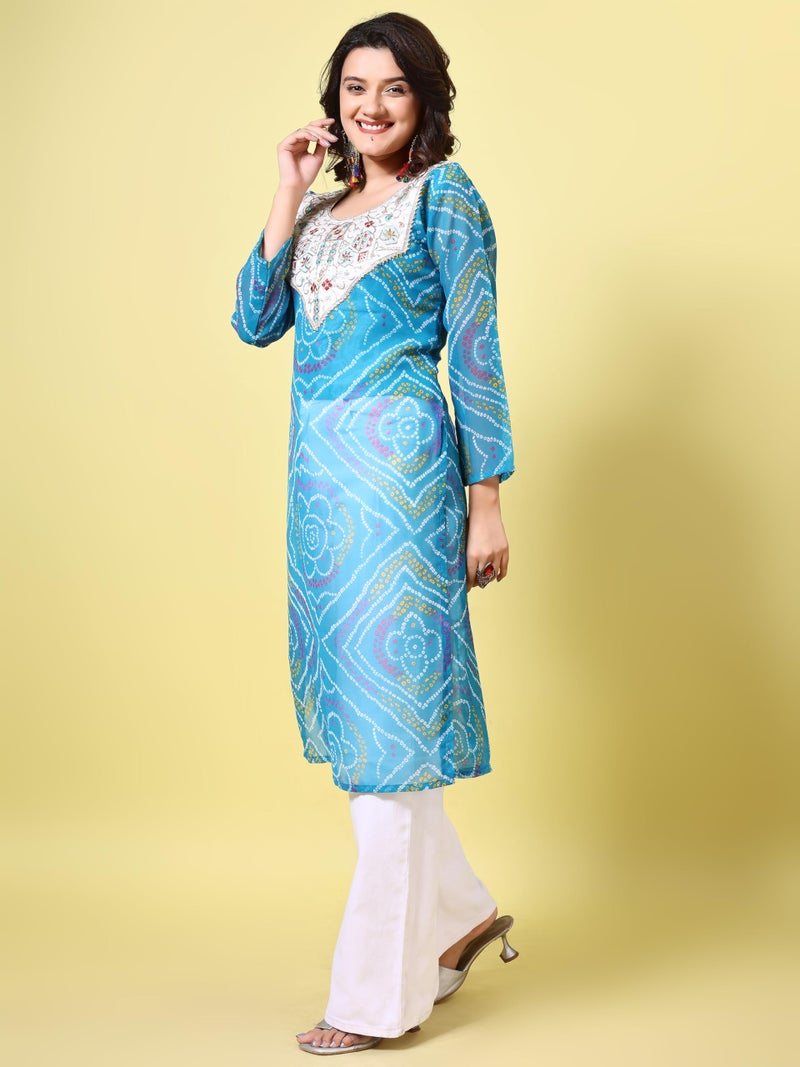 EthnicJunction Women's Geogette Embroidered Bandhani Print Straight Kurta Blue - Image 5