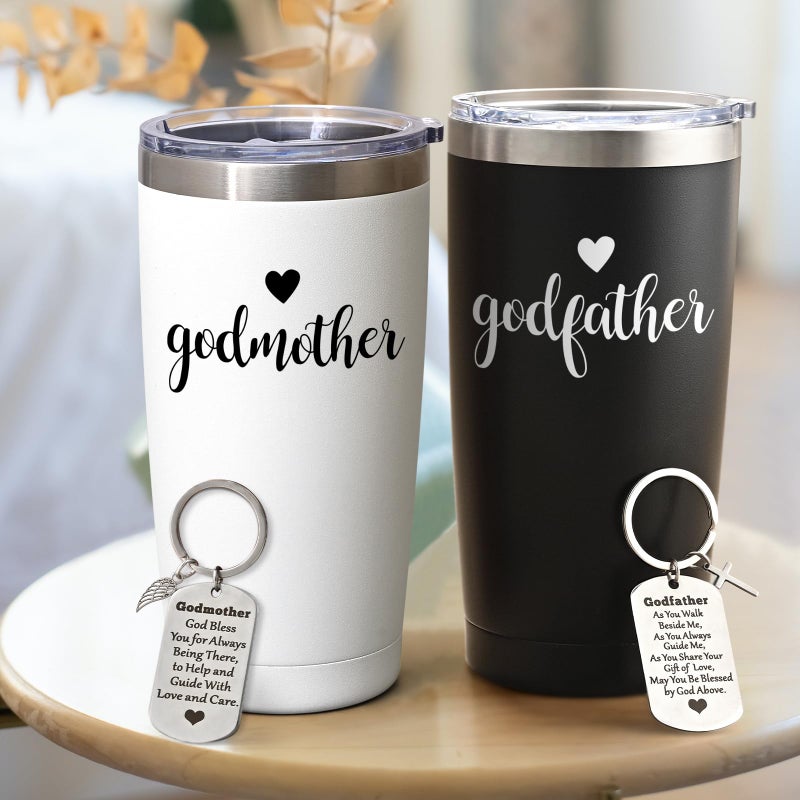 LiqCool Godparents Proposal Tumbler, Godmother & Godfather 20Oz with Keychain & Gift Box Set, Perfect for Baptism or Christmas (Black & White) - Image 2