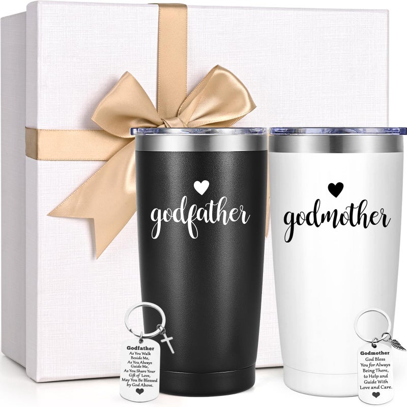 LiqCool Godparents Proposal Tumbler, Godmother & Godfather 20Oz with Keychain & Gift Box Set, Perfect for Baptism or Christmas (Black & White) - Image 1