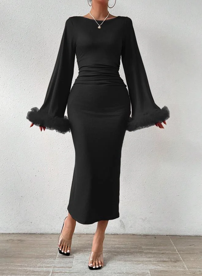 Take Two Take Two Solid Ruffle Mesh Cuff Bodycon Midi Dress