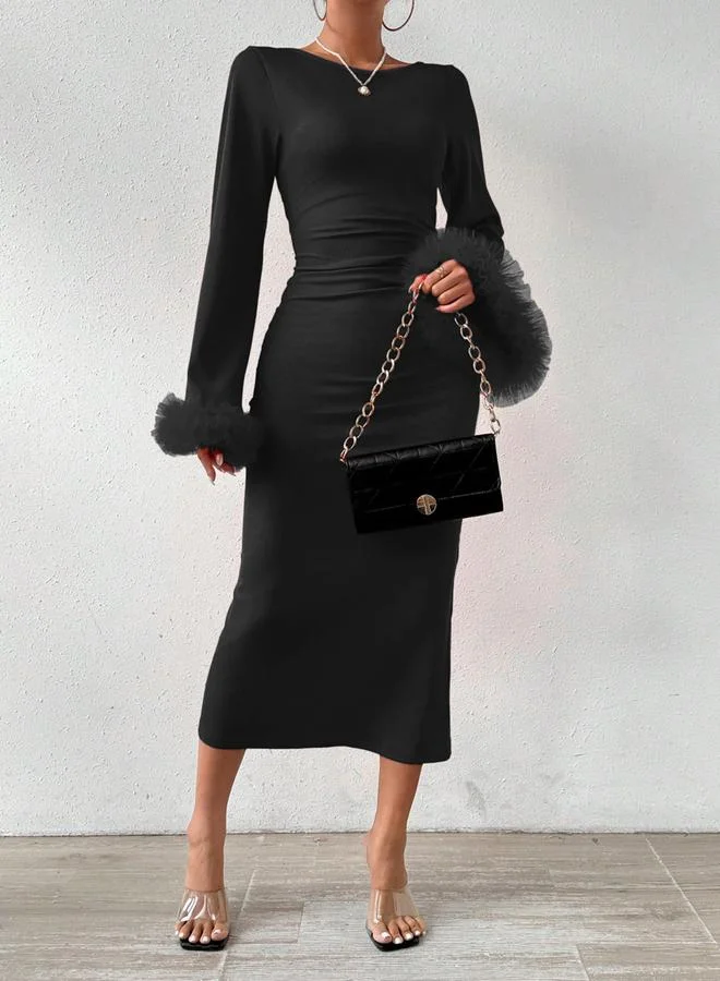 Take Two Take Two Solid Ruffle Mesh Cuff Bodycon Midi Dress