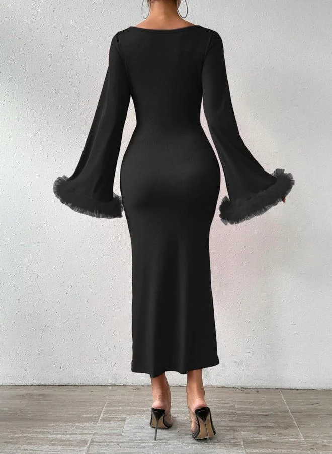 Take Two Take Two Solid Ruffle Mesh Cuff Bodycon Midi Dress