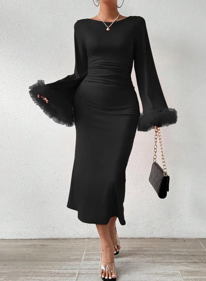 Take Two Take Two Solid Ruffle Mesh Cuff Bodycon Midi Dress