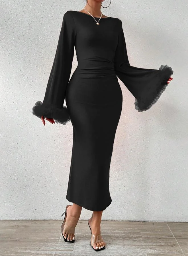 Take Two Take Two Solid Ruffle Mesh Cuff Bodycon Midi Dress