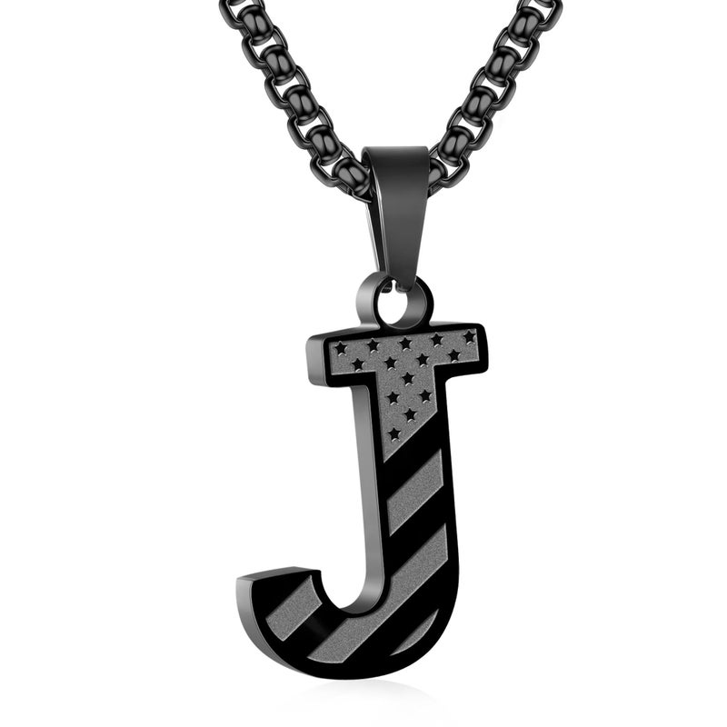 Zocomi Initial Necklace for Men Boys, Black American Flag Pendant Chain Jewelry Military GraduationsGifts Ideas Easter Basket Stuffers Essentials for Teen Teenage Tween Kids Boy Him Age Letter J - Image 1