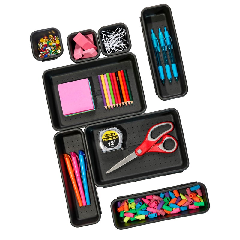 Madesmart 8-Piece Interlocking Bin Pack for Drawer Organization, Plastic Interlocking Junk Drawer Organizer Tray, Granite - Image 1