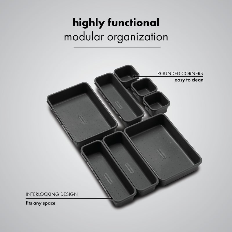 Madesmart 8-Piece Interlocking Bin Pack for Drawer Organization, Plastic Interlocking Junk Drawer Organizer Tray, Granite - Image 2
