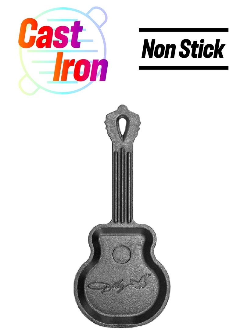 مقلاة صغيرة على شكل غيتار بولي بارتون من حديد الزهر الصلب المطلي بالزيت، لون أسود 10.75 × 4.5 × 4.23 بوصة LGSKDLY - Image 1