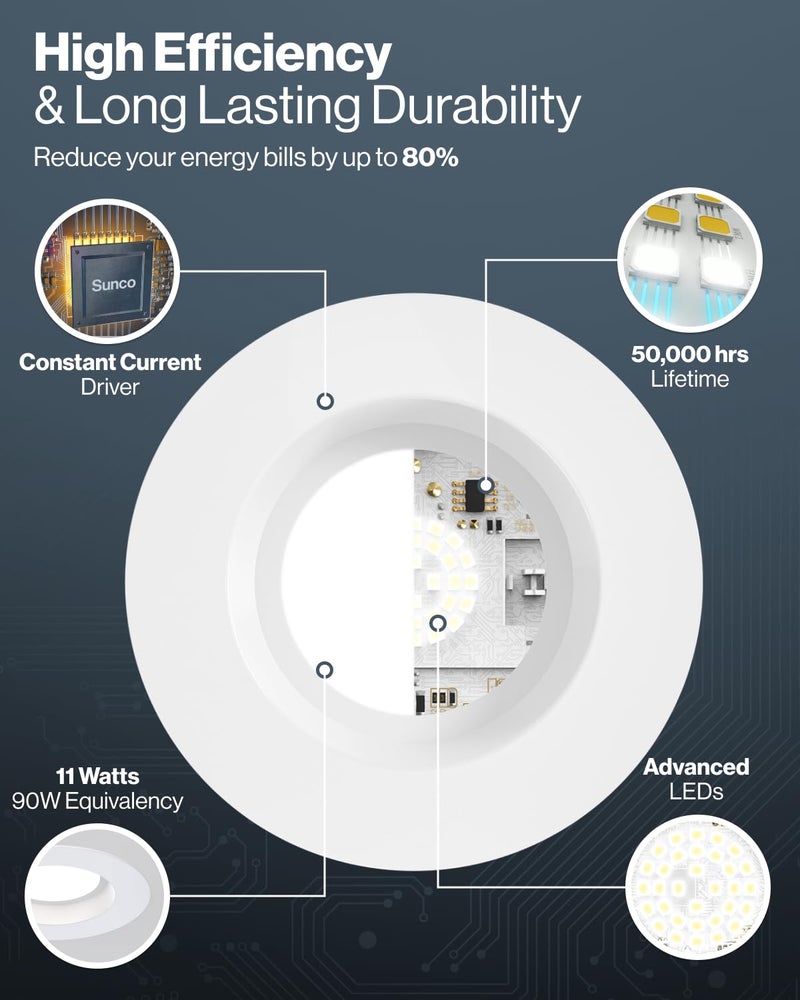 Sunco Lighting Sunco 4 Inch LED Recessed Lights Retrofit, Dimmable Can Lighting, 660 LM, 11W (40W Equivalent), Selectable CCT 2700K/3000K/3500K/4000K/5000K, Smooth Trim, Damp Rated UL 1 Pack - Image 4