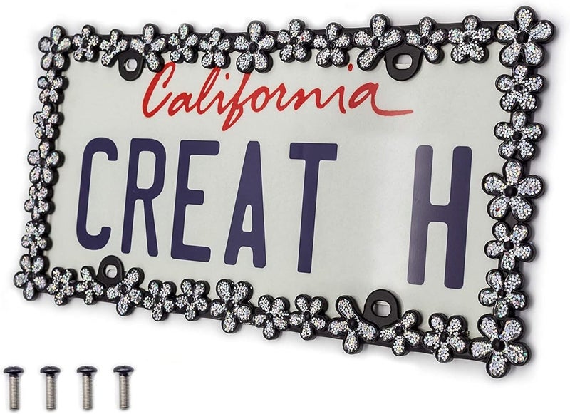 CRAFTHOME 3D Shining Daisy Wrenth License Plate Frame from Pure Zinc Alloy Metal Perfect Plate Holder,Matt Black with Silver Glitter - Image 1