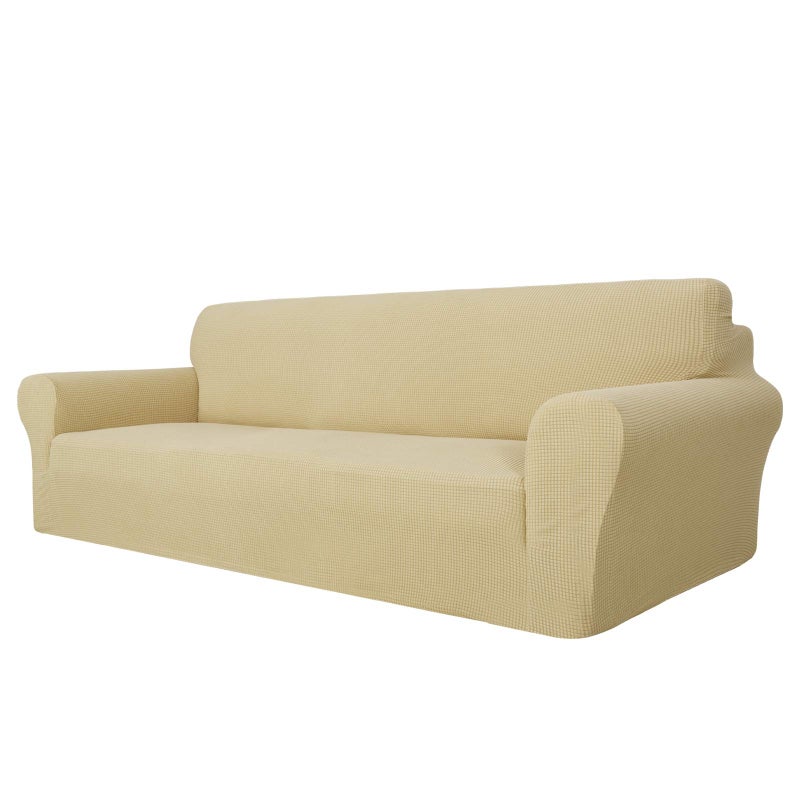 MAXIJIN Super Stretch Couch Cover for 3 Cushion Couch 1Piece Universal Sofa Covers Living Room Jacquard Spandex Furniture Protector Dogs Pet Friendly Fitted Extra Large Beige