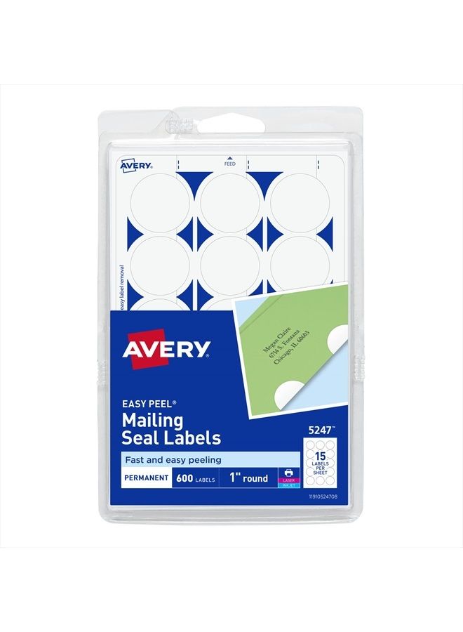 Avery Mailing Seals, 1" Round Labels, White, 600 Printable Mailing Labels (05247) - Image 1