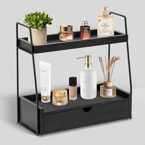 dreampossible 2-Tier Bathroom Organizer Countertop with Drawer, Wood Counter Organizer for Bathroom Decor, Sink Shelf for Vanity Storage, Makeup Tray for Perfume Skincare, Spice Rack Bedroom Kitchen Corner - Image 1