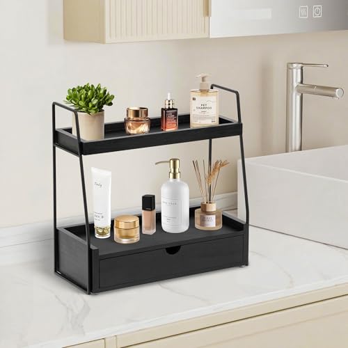 dreampossible 2-Tier Bathroom Organizer Countertop with Drawer, Wood Counter Organizer for Bathroom Decor, Sink Shelf for Vanity Storage, Makeup Tray for Perfume Skincare, Spice Rack Bedroom Kitchen Corner - Image 3